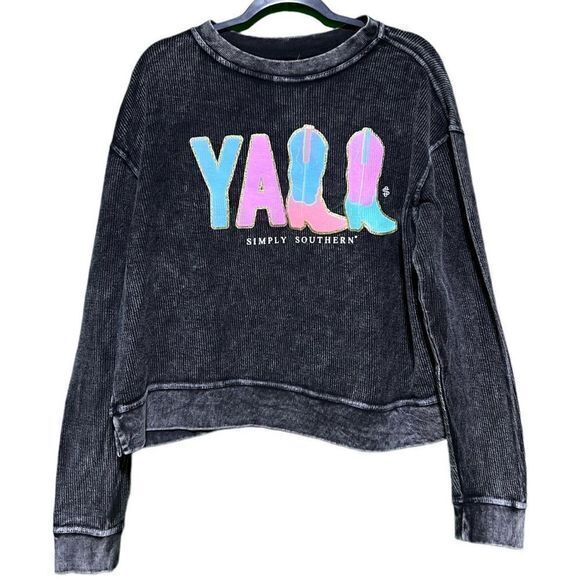 NWT Simply Southern Large Black Acid Washed Cropped “YALL”‎ Crewneck Sweatshirt - Picture 3 of 7